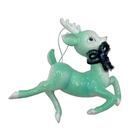 Vintage Other - Vtg Reindeer Christmas Ornament Ceramic Mint Green Sparkle Hand Painted Retro